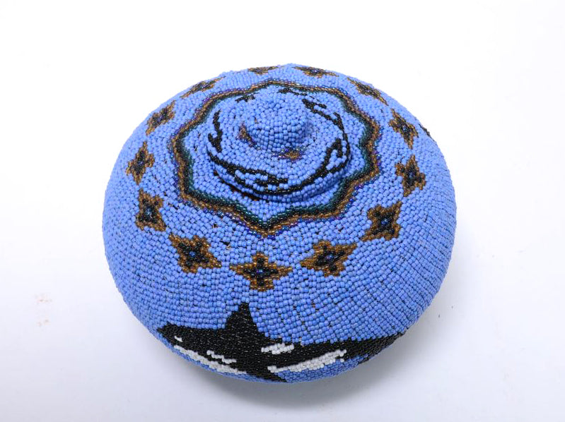A Superb Vintage Lombok Balinese Glass Beaded Woven Basket With Lid