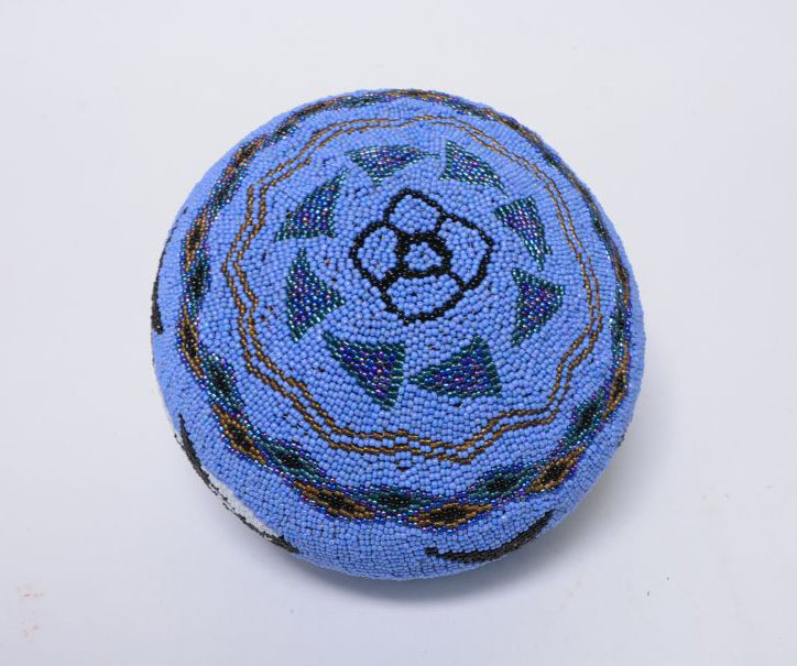 A Superb Vintage Lombok Balinese Glass Beaded Woven Basket With Lid