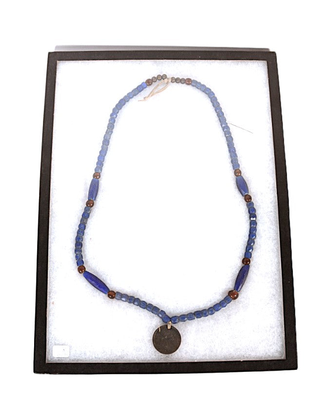 Faceted Russian Blue Glass, Brass, and Amber Glass Trade Beads Necklace