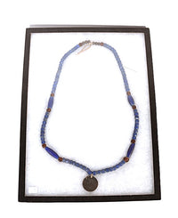Faceted Russian Blue Glass, Brass, and Amber Glass Trade Beads Necklace