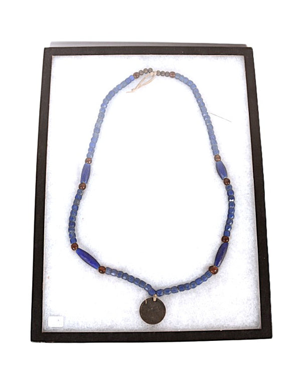 Faceted Russian Blue Glass, Brass, and Amber Glass Trade Beads Necklace