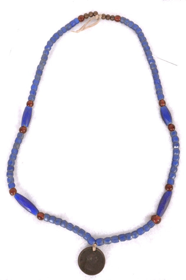 Faceted Russian Blue Glass, Brass, and Amber Glass Trade Beads Necklace