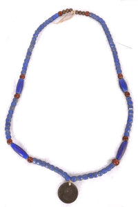 Faceted Russian Blue Glass, Brass, and Amber Glass Trade Beads Necklace