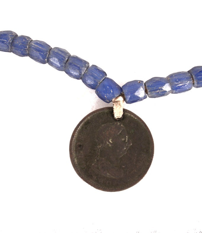 Faceted Russian Blue Glass, Brass, and Amber Glass Trade Beads Necklace