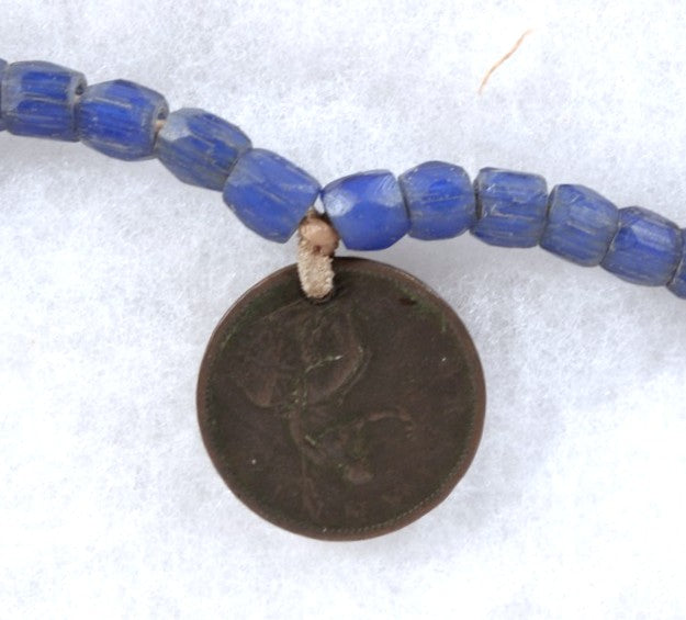 Faceted Russian Blue Glass, Brass, and Amber Glass Trade Beads Necklace