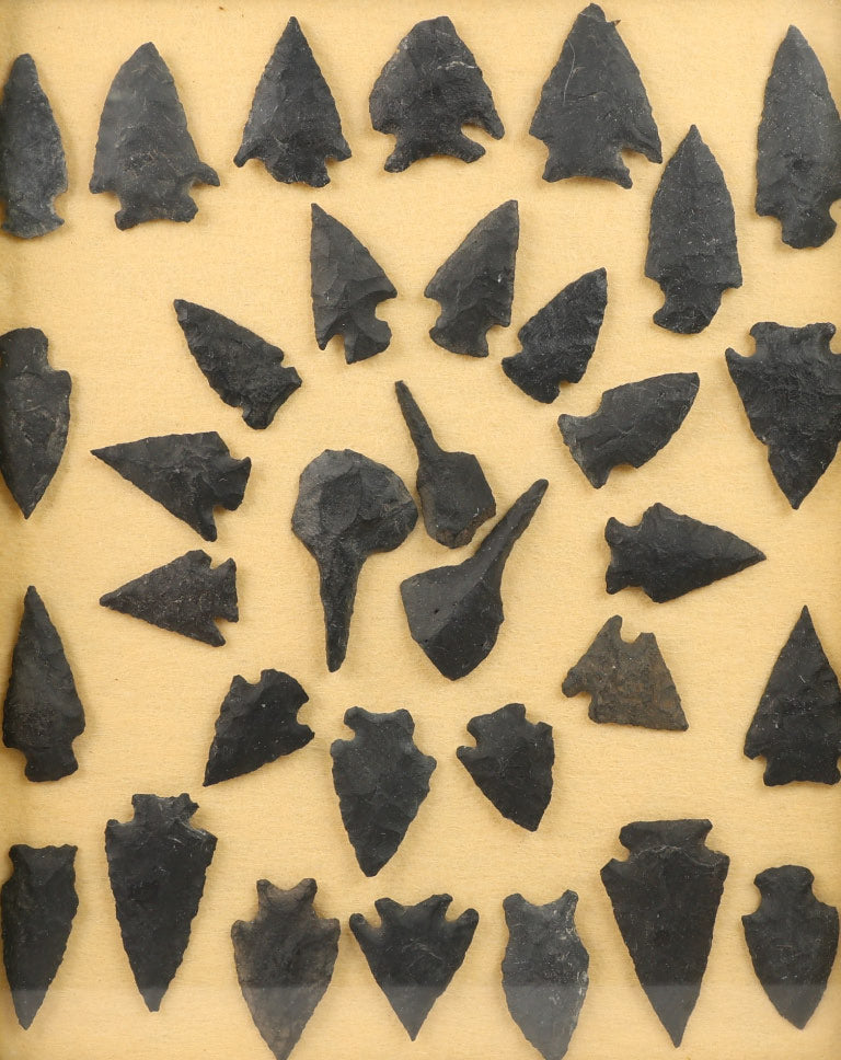 Framed 33 Basalt Arrowhead  -  Points - Drills - Knife Blades