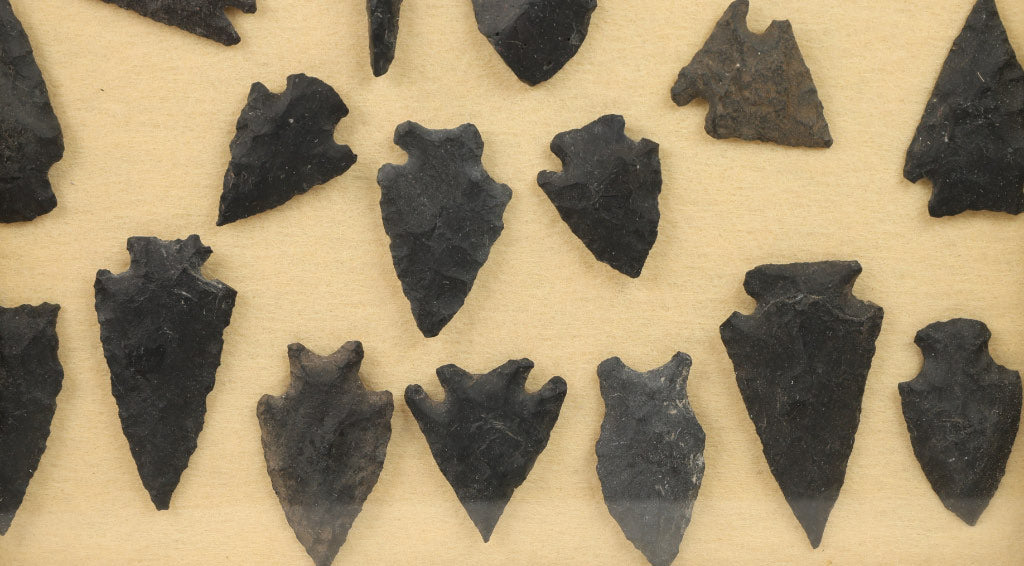 Framed 33 Basalt Arrowhead  -  Points - Drills - Knife Blades