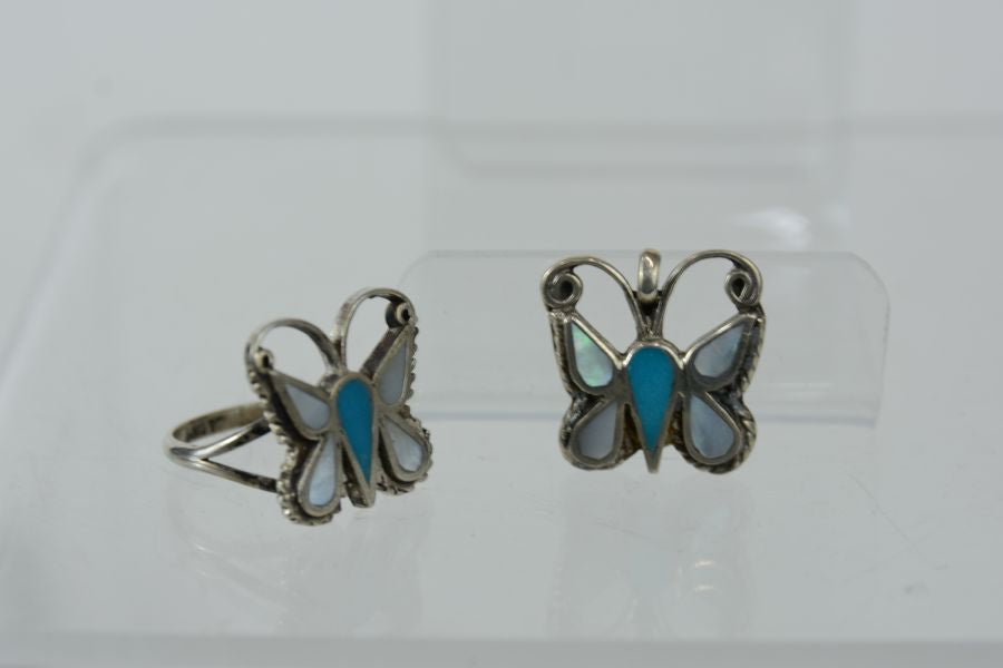 Vintage Zuni Butterfly Jewelry Set - Sterling Silver - Bracelet, Ring, Pendant