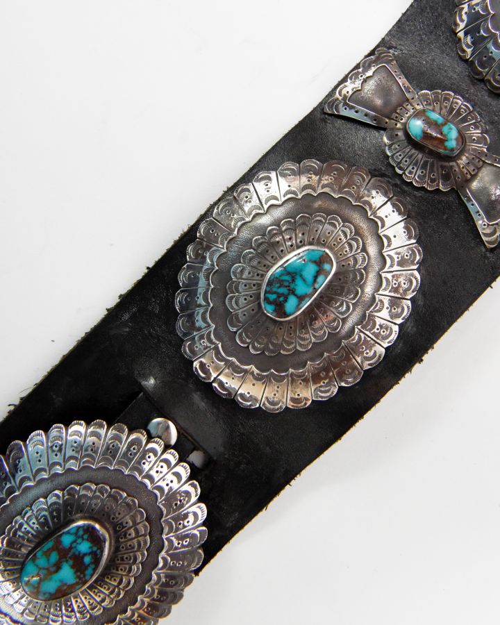 Navajo Concho Belt with Bisbee Turquoise settings - Herbert Taylor (1951-1996)