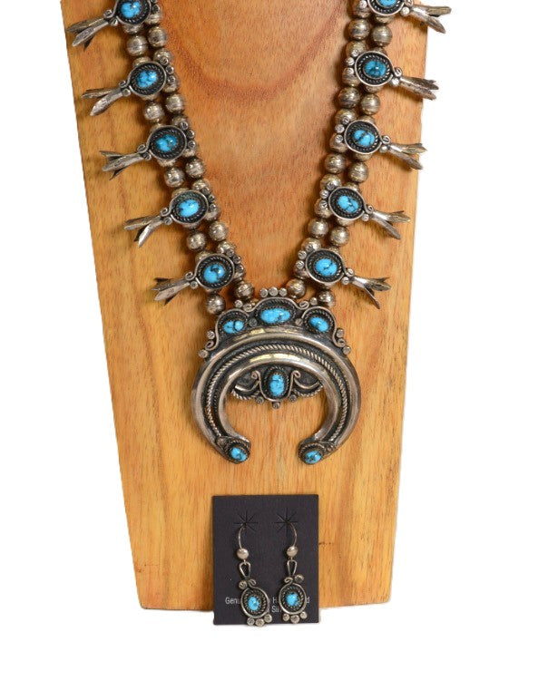 Navajo Squash Blossom Necklace high grade Natural Persian Neyshabur  Turquoise by IRENE YAZZIE