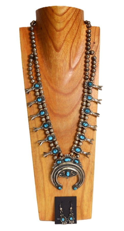 Navajo Squash Blossom Necklace high grade Natural Persian Neyshabur  Turquoise by IRENE YAZZIE