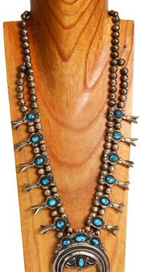 Navajo Squash Blossom Necklace high grade Natural Persian Neyshabur  Turquoise by IRENE YAZZIE
