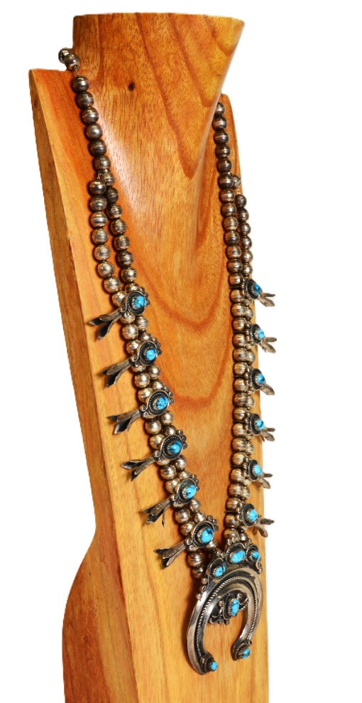 Navajo Squash Blossom Necklace high grade Natural Persian Neyshabur  Turquoise by IRENE YAZZIE