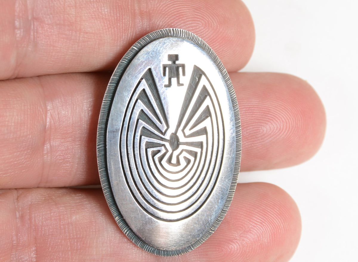 Hopi "Man in the Maze" Sterling Silver Overlay Pin by Patrick Tewawina