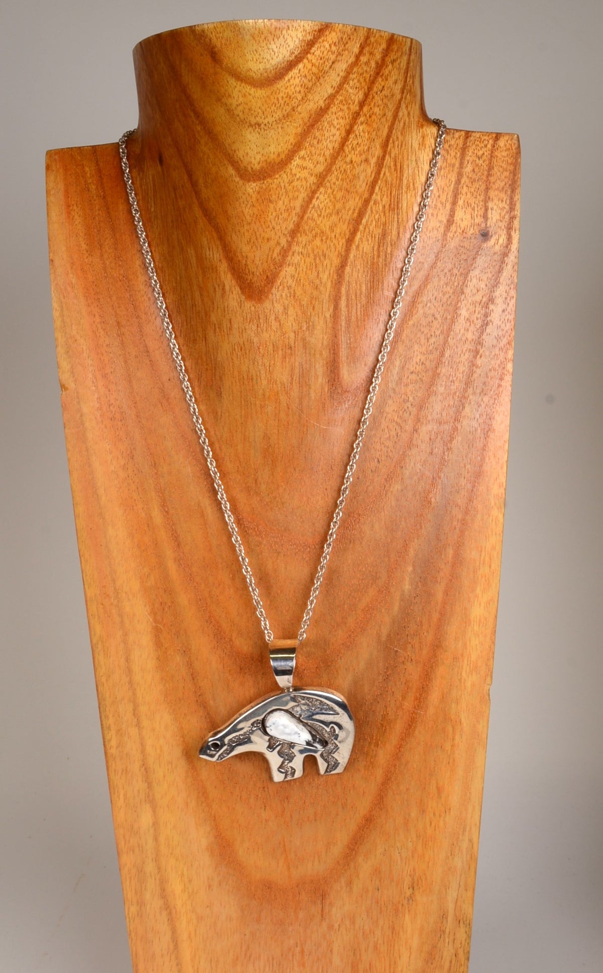 Heavy Sterling Silver Bear Pendant with Magnesite (White Buffalo) Gemstone Setting