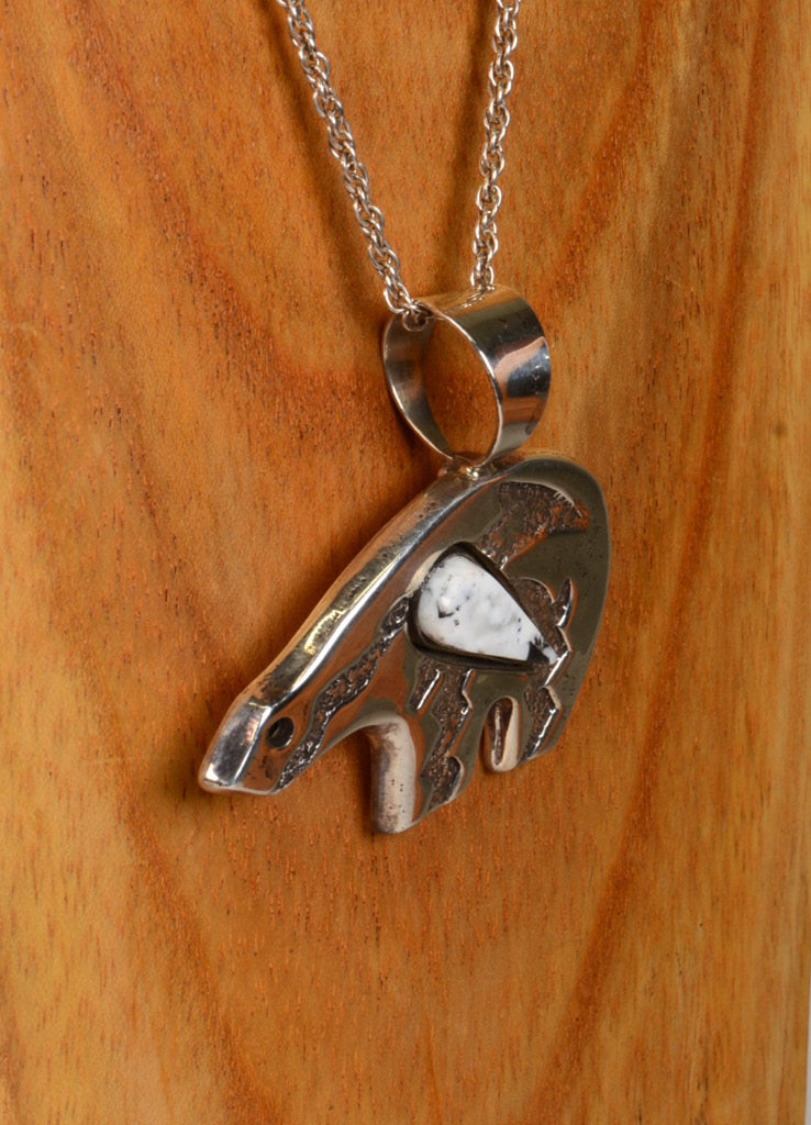 Heavy Sterling Silver Bear Pendant with Magnesite (White Buffalo) Gemstone Setting