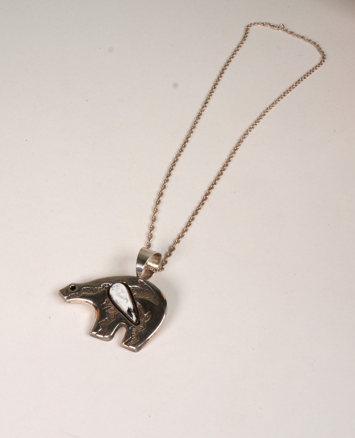 Heavy Sterling Silver Bear Pendant with Magnesite (White Buffalo) Gemstone Setting