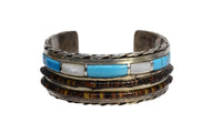 Navajo or Zuni Sterling Silver and Inlaid Turquoise and Heishi shell beads Cuff Bracelet