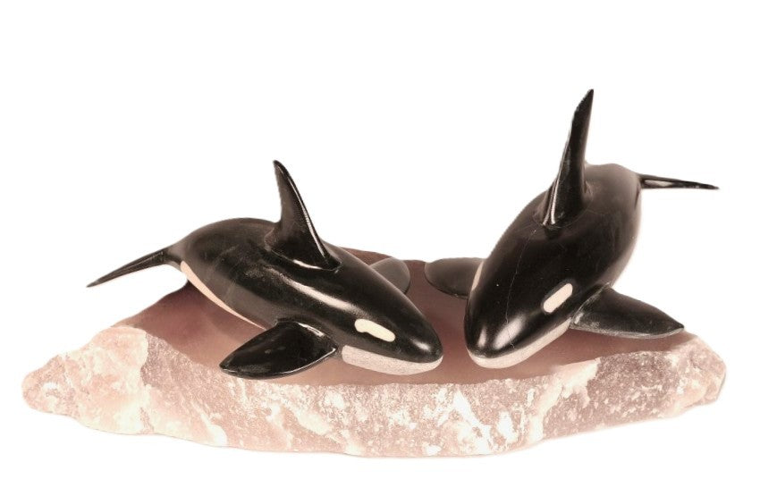Inuit Orcas Carving Stone Sculpture By Sam Dimmick