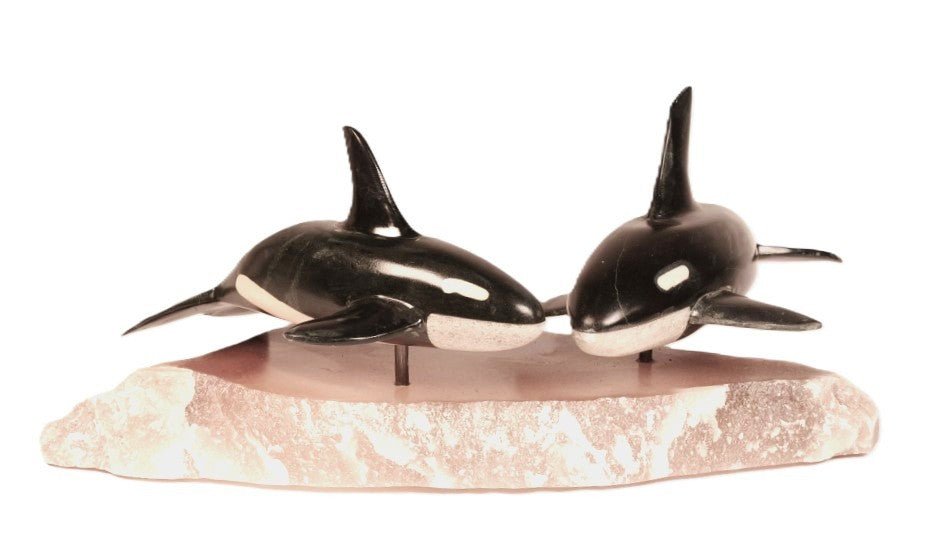 Inuit Orcas Carving Stone Sculpture By Sam Dimmick