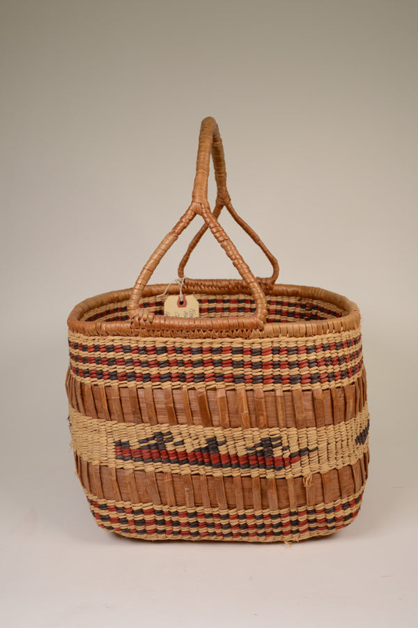 Large Makah Basketry with Handle; Canoes and Birds