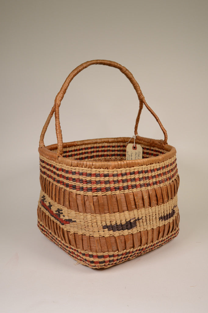 Large Makah Basketry with Handle; Canoes and Birds