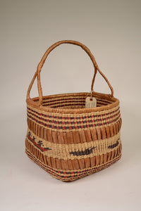 Large Makah Basketry with Handle; Canoes and Birds