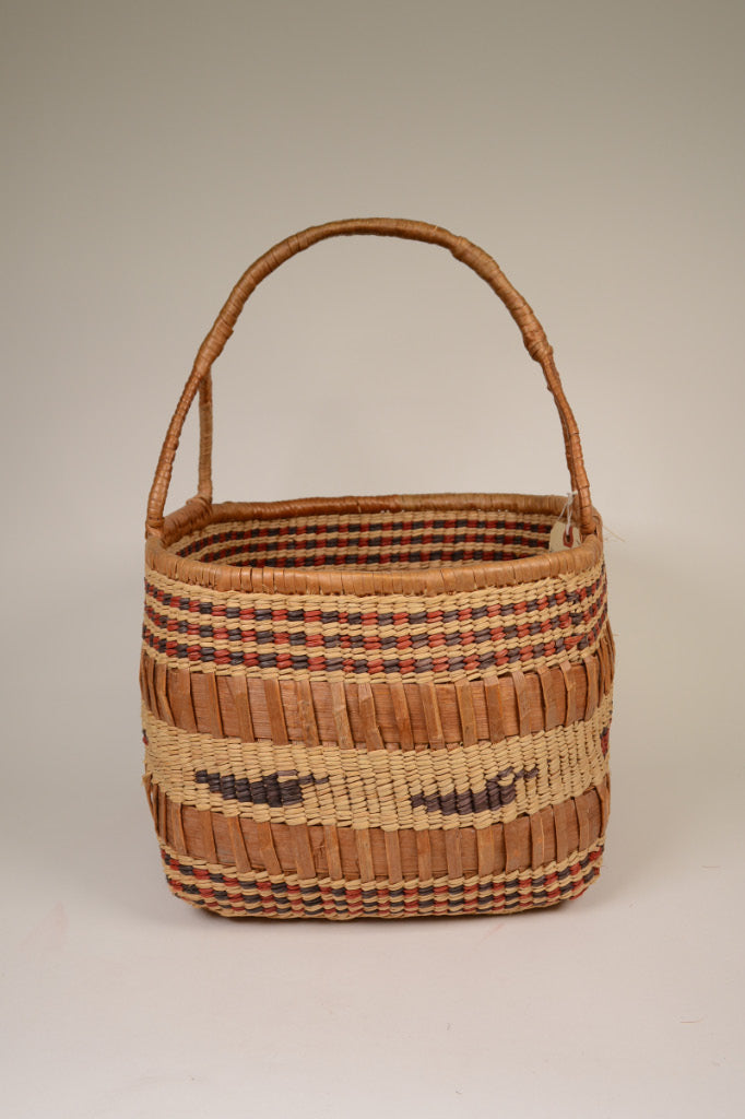 Large Makah Basketry with Handle; Canoes and Birds