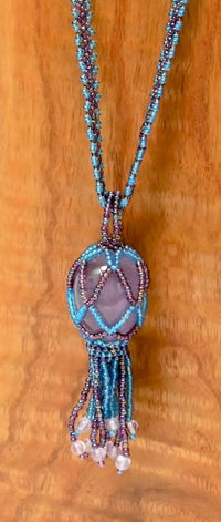 Blue and Violet Beaded Necklace with Glass Violet Beads