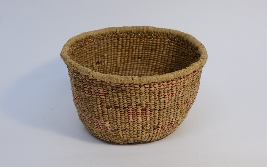 Quinault Twined basket with raffia coiled rim finish;