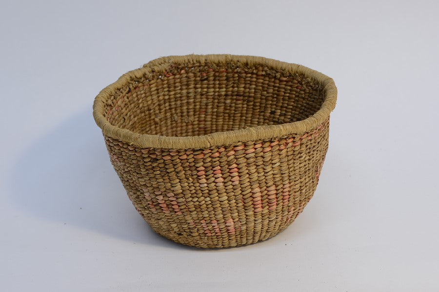 Quinault Twined basket with raffia coiled rim finish;