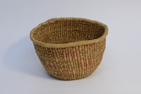 Quinault Twined basket with raffia coiled rim finish;