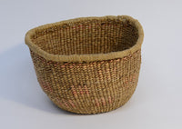 Quinault Twined basket with raffia coiled rim finish;