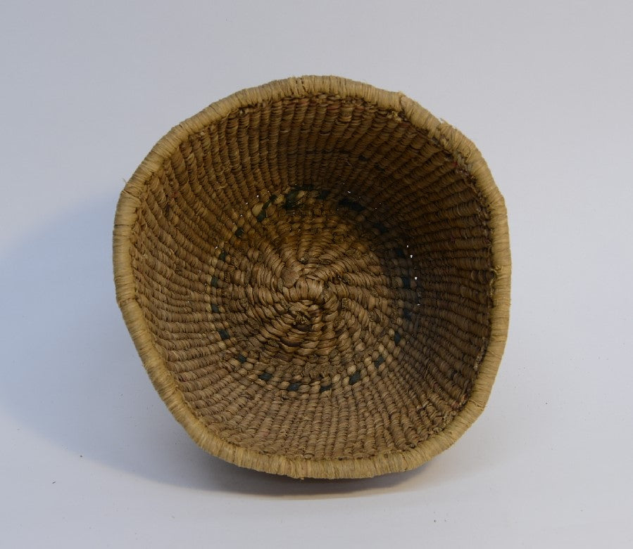 Quinault Twined basket with raffia coiled rim finish;