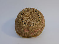 Quinault Twined basket with raffia coiled rim finish;