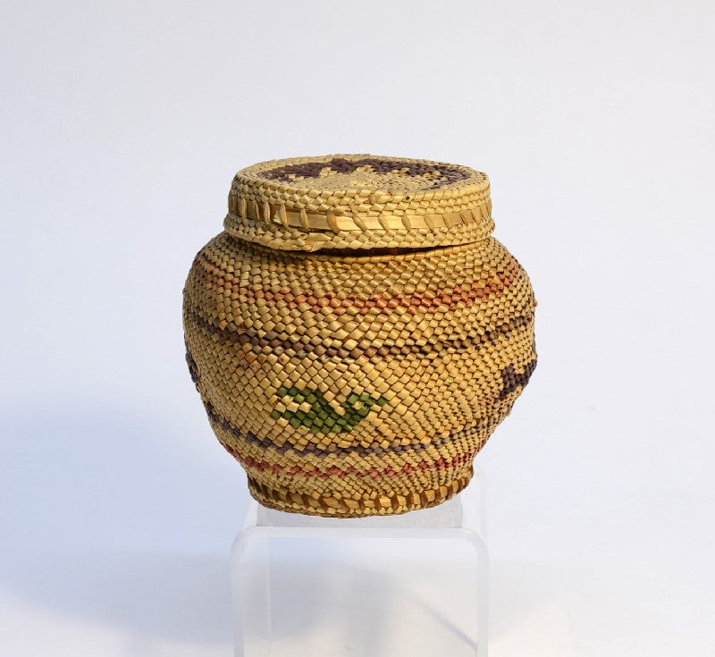 Makah Basket with Lid; Whale and Bird