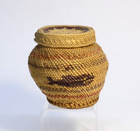 Makah Basket with Lid; Whale and Bird