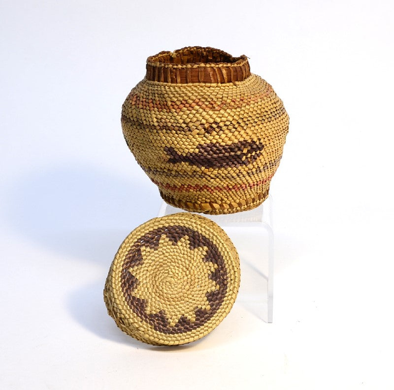 Makah Basket with Lid; Whale and Bird