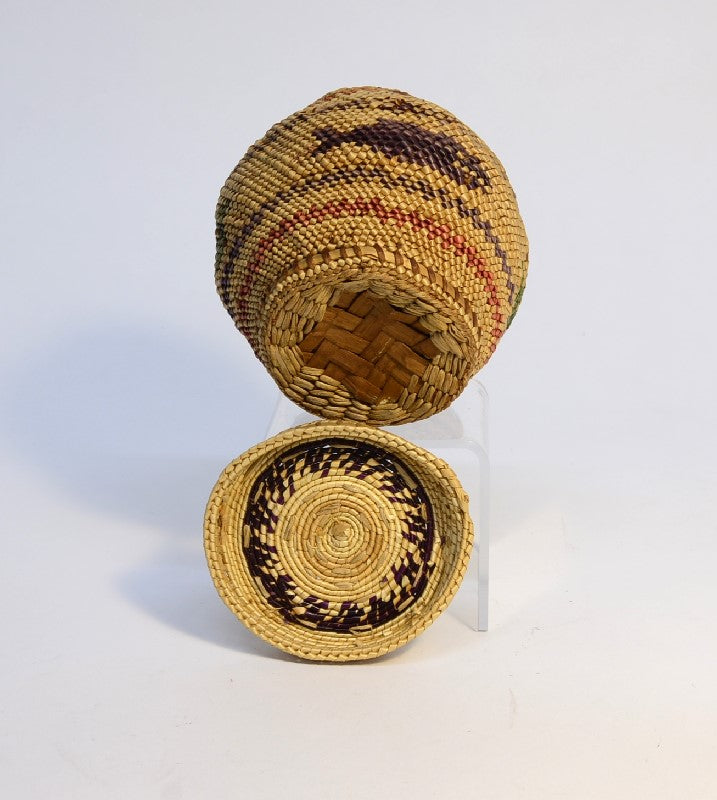 Makah Basket with Lid; Whale and Bird