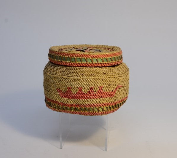 Makah Basket with Lid;  Birds and Canoe