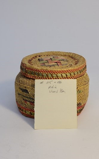 Makah Basket with Lid;  Birds and Canoe