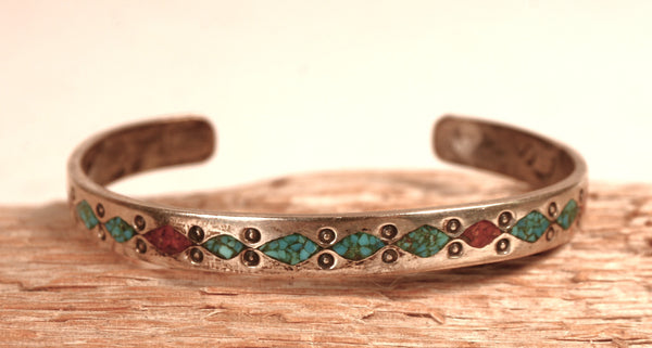 Navajo Chip Inlay Narrow Cuff Bracelet