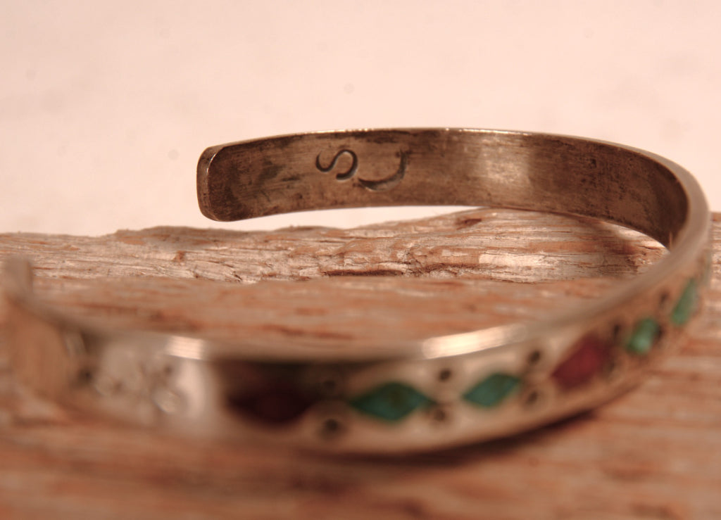 Navajo Chip Inlay Narrow Cuff Bracelet