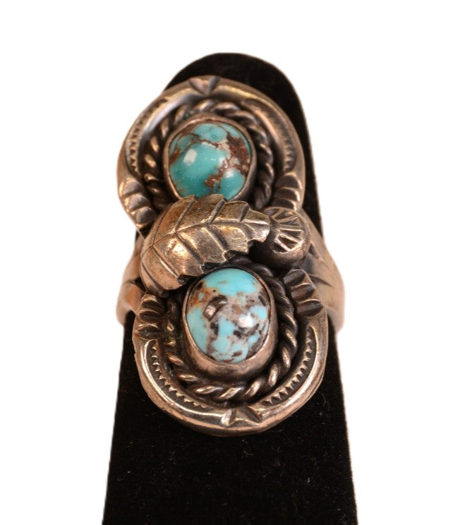 Navajo Sterling Silver and Turquoise Ring with Silver Leaf Size 6 1/2