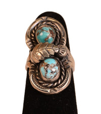 Navajo Sterling Silver and Turquoise Ring with Silver Leaf Size 6 1/2