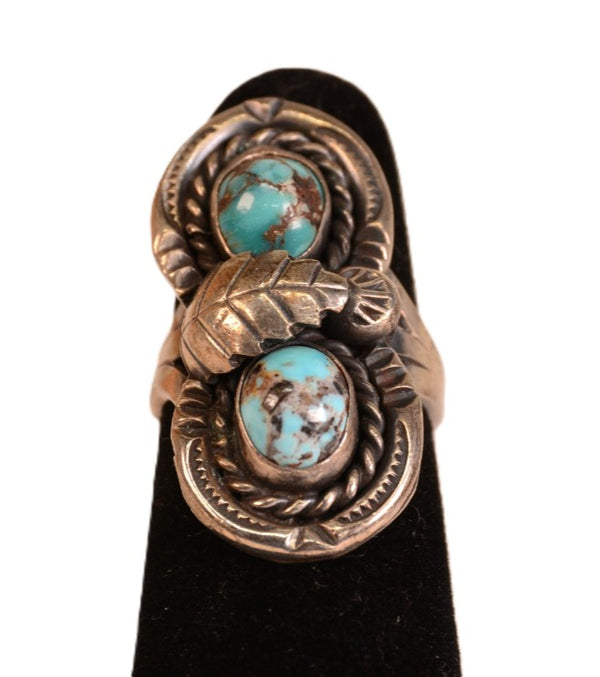 Navajo Sterling Silver and Turquoise Ring with Silver Leaf Size 6 1/2