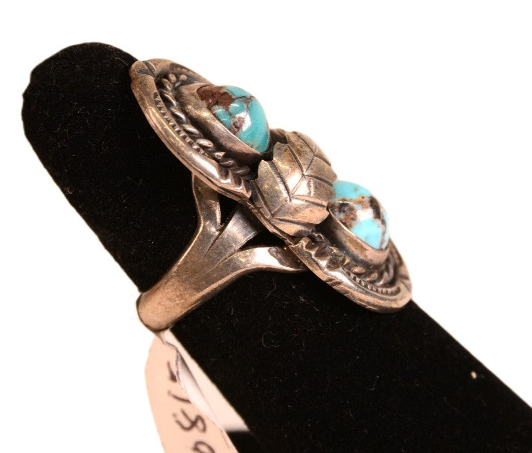 Navajo Sterling Silver and Turquoise Ring with Silver Leaf Size 6 1/2