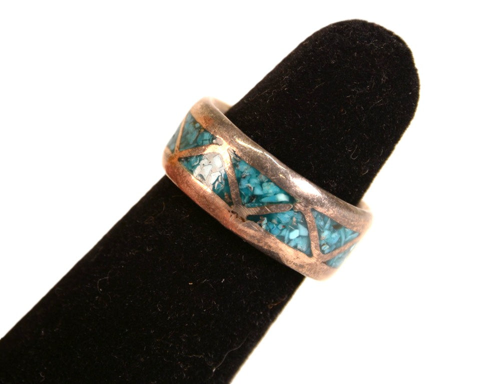 Navajo Sterling Silver and Chip Inlay Turquoise Ring - Size 5 1/2