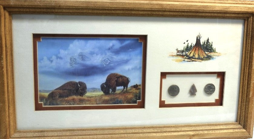 Cherokee Framed Art Print Buffalo's By Laverne Elliott with Nickels and Arrow Point