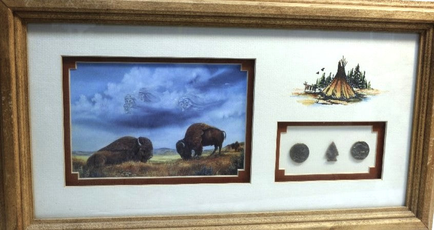 Cherokee Framed Art Print Buffalo's By Laverne Elliott with Nickels and Arrow Point